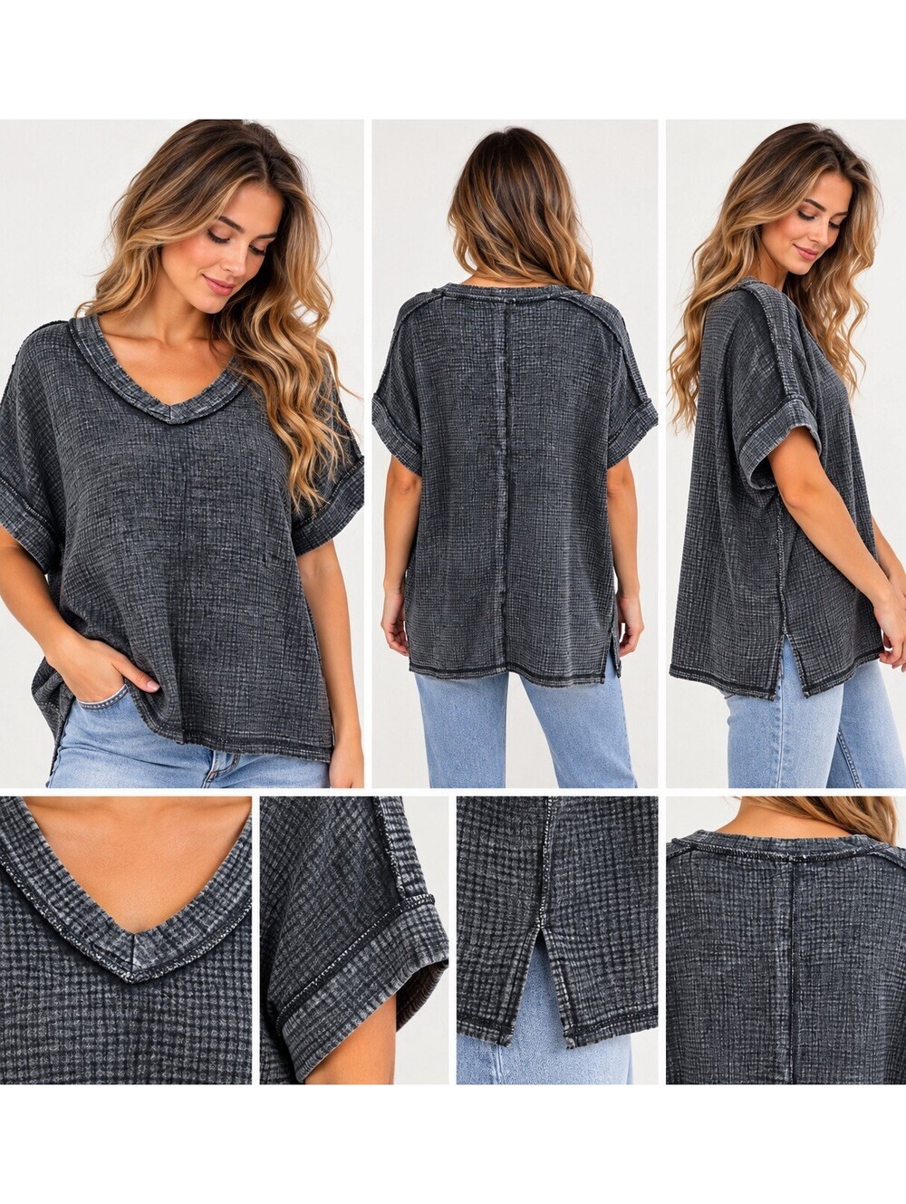 Zenana Women’s Small Charcoal Mineral Wash Waffle Knit Oversized V-Neck Top